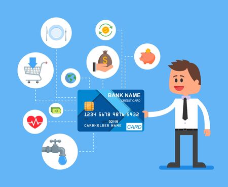 Credit card payments concept vector illustration in flat style. Financial design elements and icons. Man holding bank card.のイラスト素材