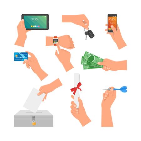 Vector set of human hands holding money, credit card, phone and key. Design elements and icons isolated on white background.のイラスト素材