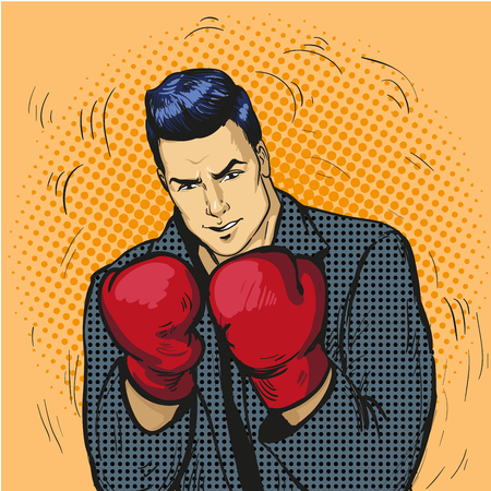 Man in boxing gloves vector illustration in comic pop art style. Businessman ready to fight and protect his business concept.のイラスト素材