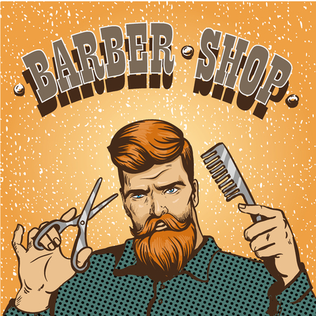 Barber shop poster vector illustration. Hipster barber stylist with scissors shop design in vintage pop art style.のイラスト素材