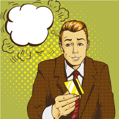 Man holding credit card vector illustration in retro pop art style. Shopping with bank cards concept.のイラスト素材