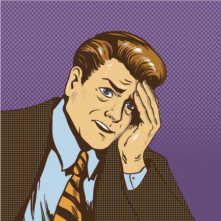 Upset man vector illustration in retro comic pop art style. Sad businessman in stress situation thinking about his business failure.のイラスト素材