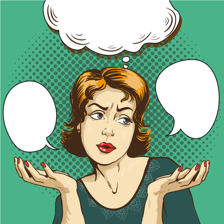 Woman thinking about difficult choice. Vector illustration in comic pop art style.のイラスト素材