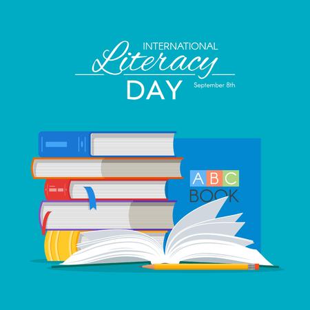 International Literacy Day poster. Education concept vector illustration. Pile of books.のイラスト素材