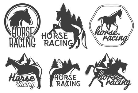Vector set of horse racing labels in vintage retro style. Design elements, icons,  , emblems and badges isolated on white backgroundのイラスト素材