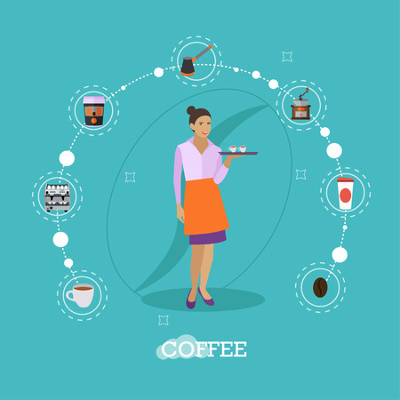 Waitress holds a tray with coffee cups. Cafe concept vector illustration in flat style design.Barista icons.のイラスト素材