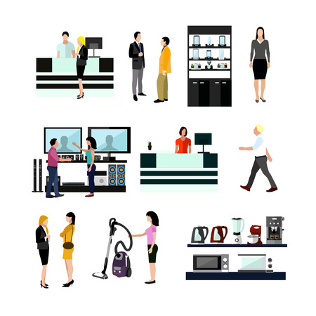 Vector set of people shopping in home electronic store. Icons and design elements isolated on white background.のイラスト素材
