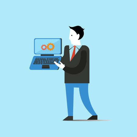 Business man holds laptop concept vector illustration.のイラスト素材