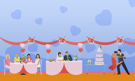 Wedding ceremony design vector banners. Wedding party interior. Bride and groom celebrate their marriage.のイラスト素材