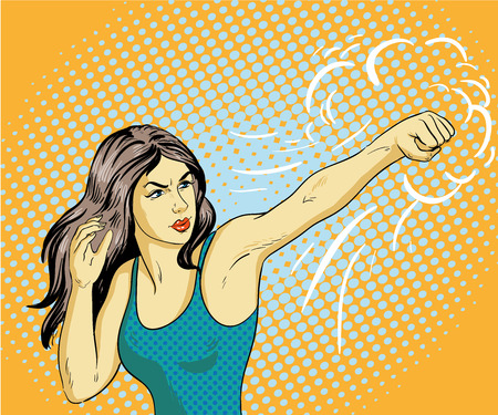Young beautiful business woman punching and boxing. Concept vector poster in retro comic pop art style.のイラスト素材