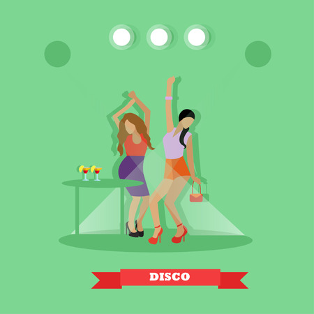 Two sexy girls dancing around table in night club. Disco dance concept vector banner in flat style design.のイラスト素材