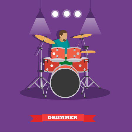 Drummer musician playing drums. Vector illustration in flat style design.のイラスト素材