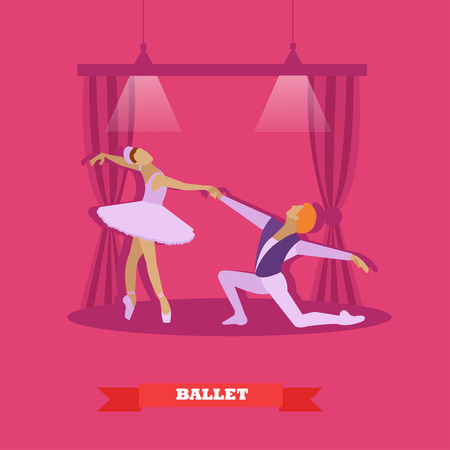 Ballet dancers dance on a stage. Ballerina and make ballet dancer vector illustration in flat style design.のイラスト素材