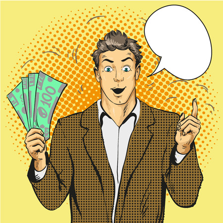 Rich handsome guy hold money and point his finger up. Business and finance concept vector illustration in retro comic pop art style.のイラスト素材