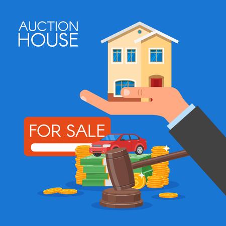 Auction and bidding concept vector illustration in flat style design. Selling house.のイラスト素材