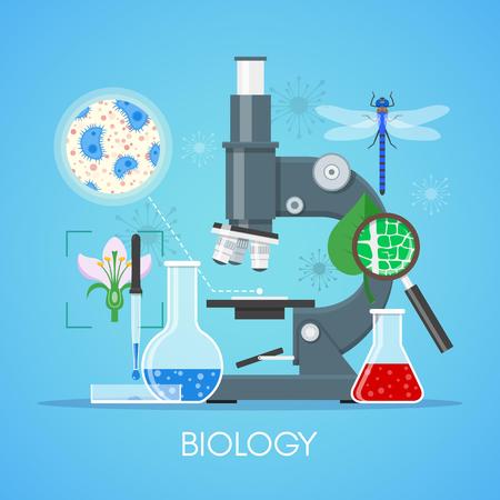 Illustrazione per Biology science education concept vector poster in flat style design. Biology school laboratory equipment. - Immagini Royalty Free