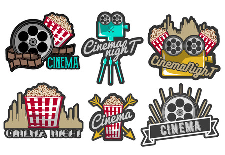 Vector set of cinema labels     Isolated illustration in vintage style, colorful badges, emblems and design elements of movie theaterのイラスト素材