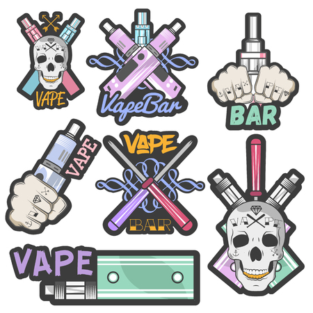 Vector colorful set of vape bar stickers, banners,   labels, emblems or badges. Vintage style electronic cigarette and skulls. Isolated illustrationのイラスト素材