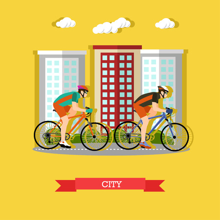 Vector illustration of two cyclists riding on bikes in the city. Sports equipment, helmet, gloves, glasses, sneakers and bicycles. City landscape. Flat designのイラスト素材