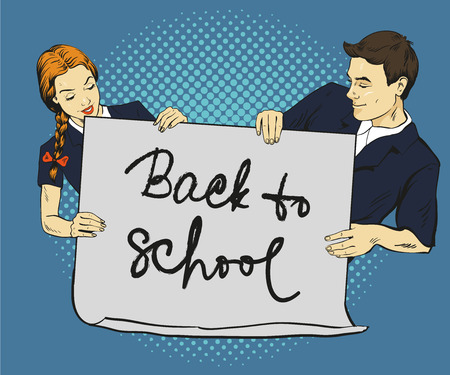 School boy and girl hold blank white paper poster. Vector illustration in comic pop art style. Put your own text.のイラスト素材