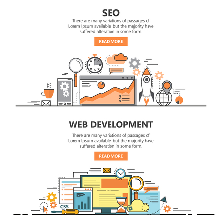 Search Engine Optimization and Web development flat thin line design banners. Vector concept elements and icons.のイラスト素材