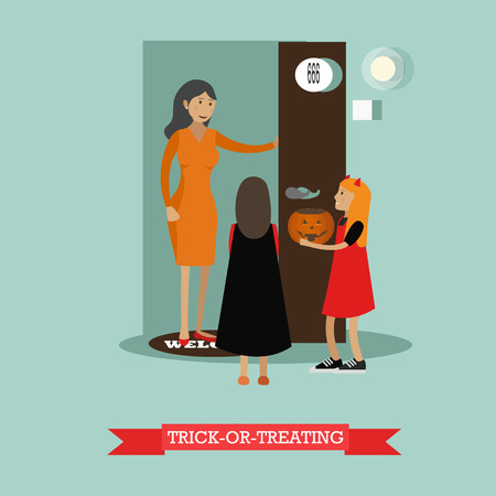 Kids playing trick or treat. Happy halloween holiday concept posters. Vector illustration in flat style design.のイラスト素材