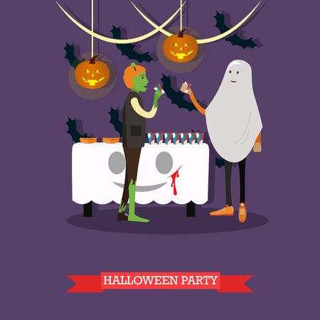 People in monster and ghost costumes at halloween party. Happy halloween holiday concept posters. Vector illustration in flat style design.のイラスト素材