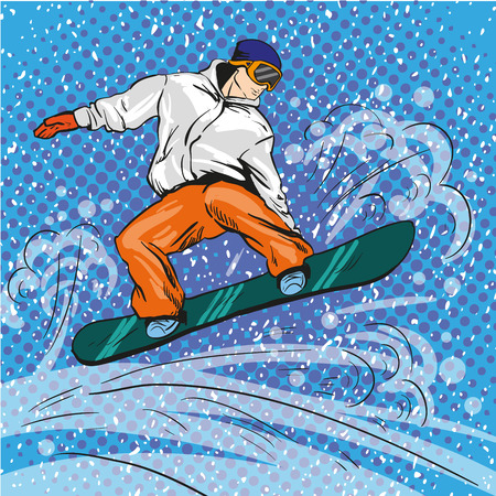 Man snowboarding in mountains. Vector illustration in pop art retro style. Winter sports vacation concept. Sportsman jump with snowboard.のイラスト素材