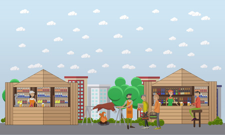 Street food festival concept vector banner. People sell food from stalls in park. Street cafe concept.のイラスト素材