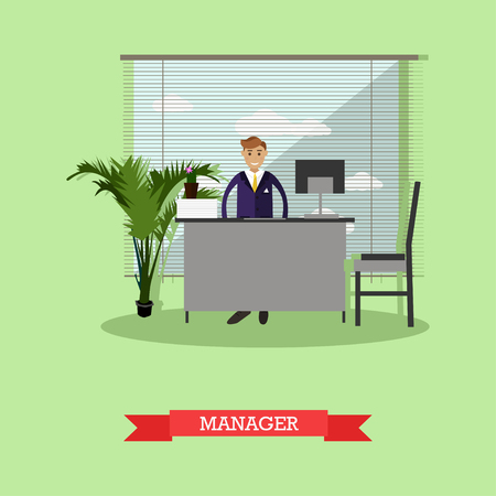 Manager or office worker sitting on chair and working on the computer. Business concept vector illustration in flat style design.のイラスト素材