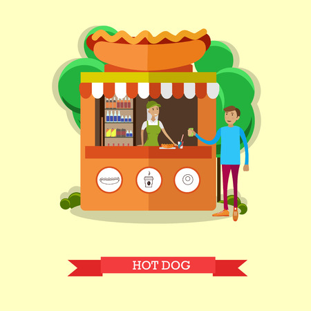 Hot dog stand concept vector poster. City street food business.のイラスト素材