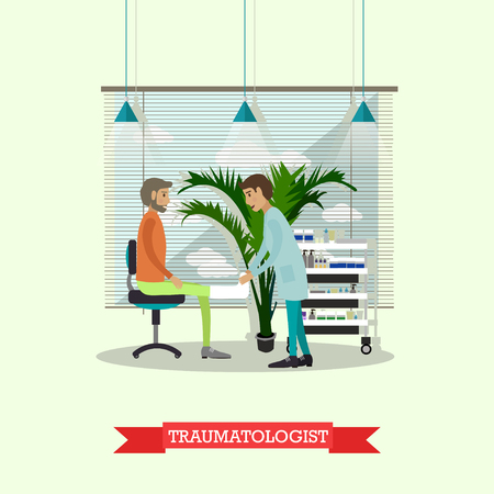 Hospital concept. Traumatologist provides medical check up for patient. Doctor cabinet interior. Vector illustration in flat style. Design elements and icons.のイラスト素材