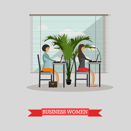 Business women work with laptops in office. Vector banner concept in flat style design. Office interior.のイラスト素材