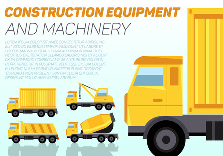 Web banner with construction machinery and sample text. Four trucks cargo container, crane, tipper and concrete mixer. Flat style vector illustration.のイラスト素材