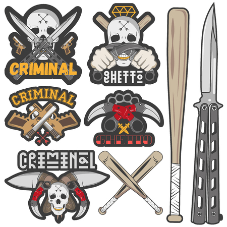 Set of agressive gang and criminal badges. Skulls, crossed knives, pistols and baseball bats, sample text. Flat graphic style vector image.のイラスト素材