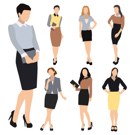 Collection of seven woman silhouettes, dressed in business style. Formal blouse, narrow skirt, high heels, different poses. Flat style vector image.のイラスト素材