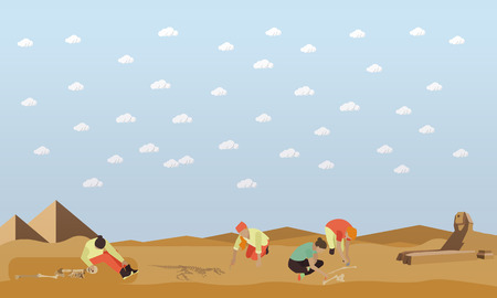 Excavation in Egypt concept vector illustration in flat style. Archaeologists, tools, human and dinosaur skeletons. Arts of architecture of ancient Egyptian culture - pyramids and statue of Sphinx.のイラスト素材