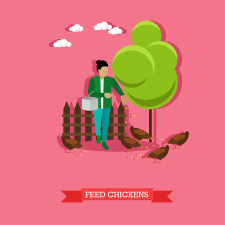 Woman feeding chickens. Farming, aviculture concept vector illustration in flat styleのイラスト素材