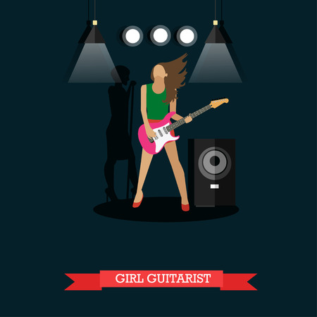 Girl Guitarist, vector illustration in flat style. Young woman playing electric guitar on stage, string musical instrument.のイラスト素材
