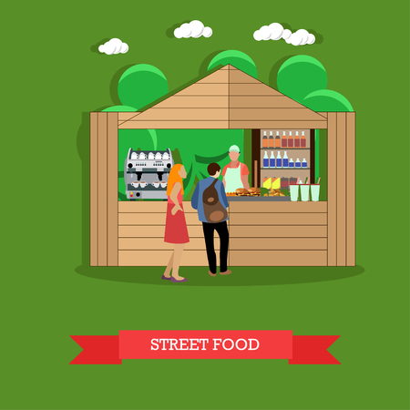 Street food concept vector illustration in flat style. Young man and woman standing near food stall in park.のイラスト素材