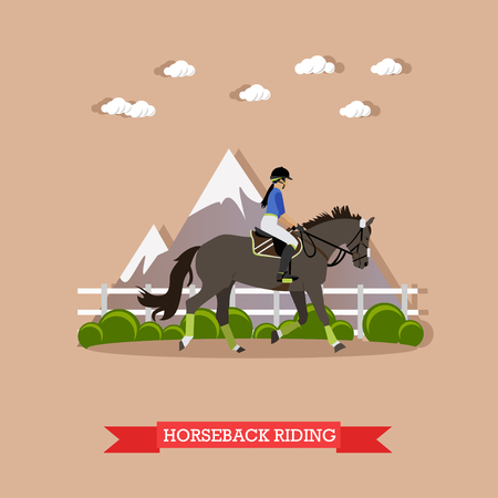 Gray race horse and lady jockey in uniform. Horseback riding concept vector illustration in flat style.のイラスト素材