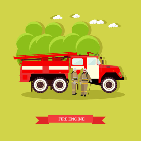 Vector illustration of red fire engine in flat style. Vehicle carrying firefighters and equipment for fighting fires. Fire truck and firefighters in uniform.のイラスト素材
