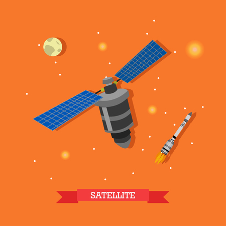 Vector illustration of artificial satellite, launched rocket and planet Earth. Space and telecommunications concept design element in flat style.のイラスト素材