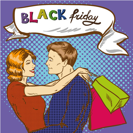Vector illustration of happy couple with bags in retro pop art comic style. Man and woman looking at each other. Black friday lettering. Shopping concept design element.のイラスト素材