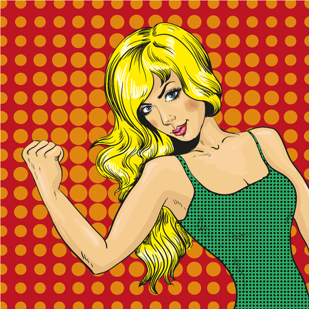 Vector illustration of young woman showing muscles in retro pop art comic style. Pretty strong girl with sport figure.のイラスト素材