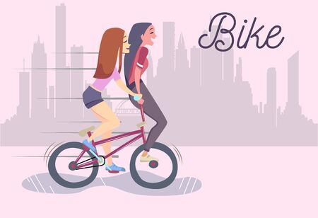 Vector illustration of two cute fashionable girls riding bike, urban background. Bike lettering.のイラスト素材