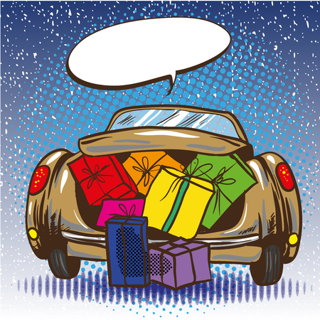 Vector illustration of opened car trunk full of gifts in retro pop art comic style. Holiday shopping. Merry Christmas gifts.のイラスト素材