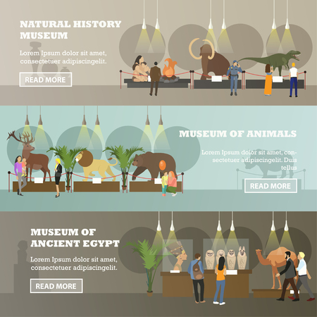 Vector set of horizontal banners with different kinds of museum expositions. Natural history museum, Museum of animals, Museum of ancient Egypt design elements in flat style.のイラスト素材