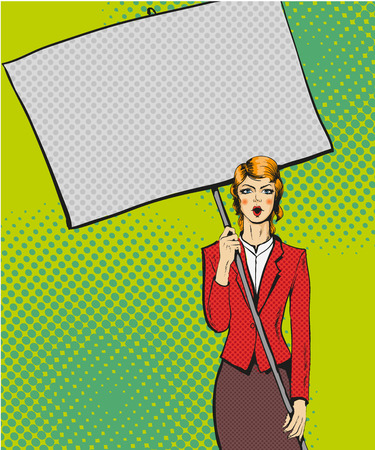 Vector illustration of woman holding blank white paper poster. Pop art comic retro style.のイラスト素材