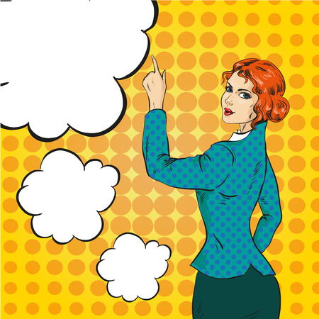 Vector Illustration of woman pointing at something in retro pop art comic style. Speech bubbles. Pointing hand sign.のイラスト素材